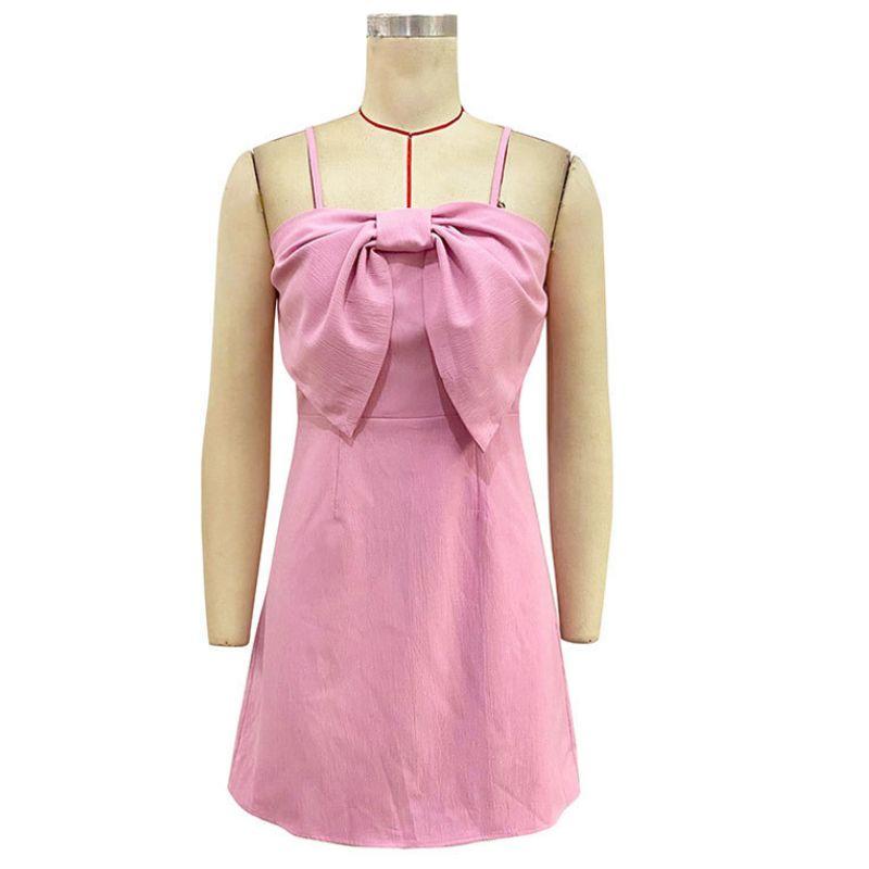 

European and American Women s Clothing Solid Color Fashion Strappy Bow Dress Sexy Skirt Bowknot Sling Dress Pink S