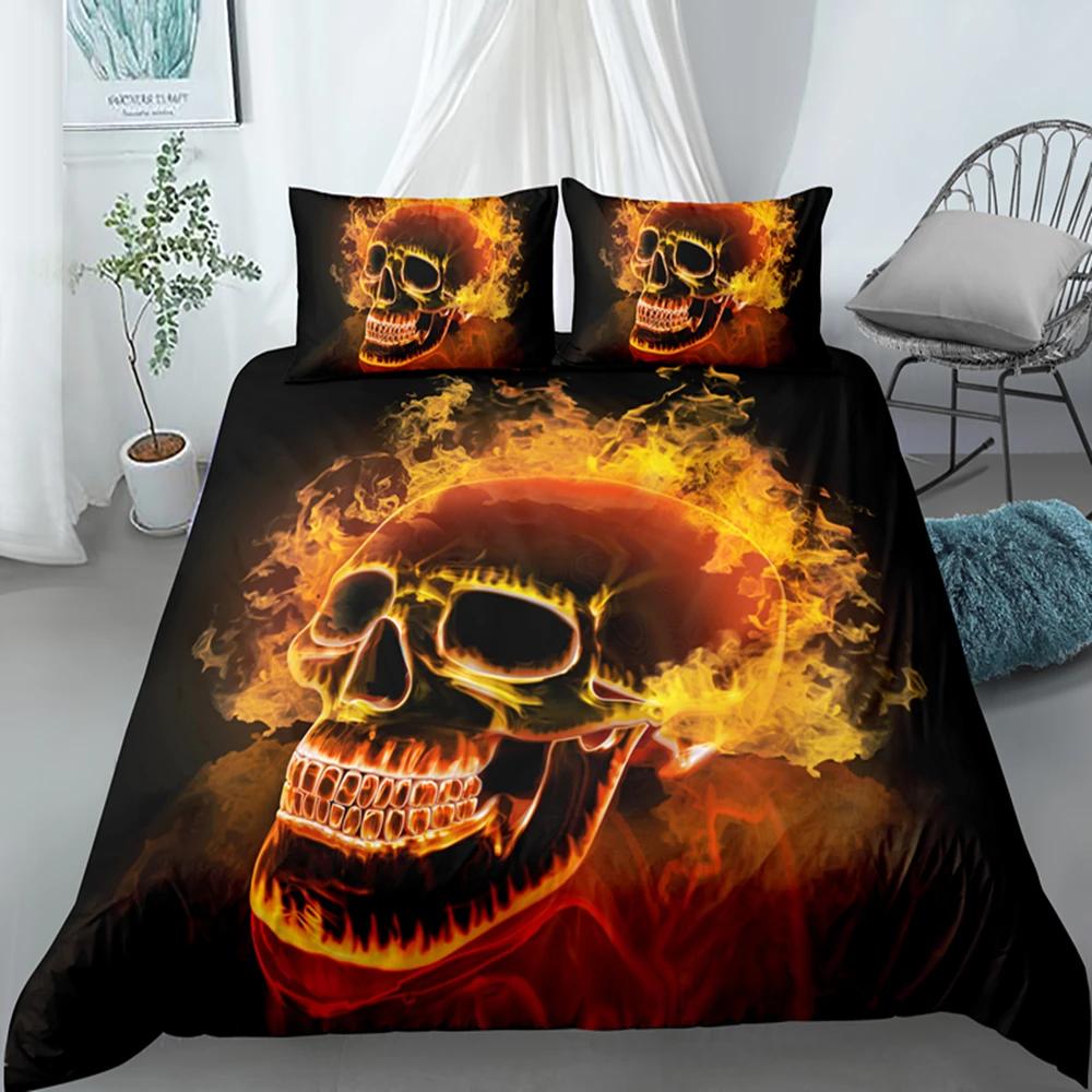 Skull Duvet Cover King Halloween Comforter CoverGothic Fog Smoke Skull Skeleton Bedding SetGrey Quilt Cover Room Decor 2/3pcs