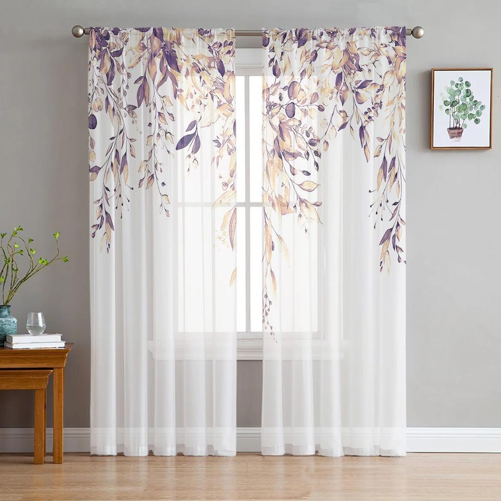 Flower Watercolor Leaf Bud Window Curtains For Living Room Bedroom Kitchen Chiffon Sheer Window Treatment