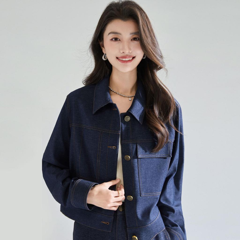 Spring Retro Indigo Slim Denim Jean Suit with Petite Versatile Skirt