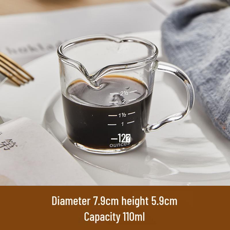 Glass Espresso Bean Measuring Cup with Double Spout, Wooden Handle, and Small Milk Jug