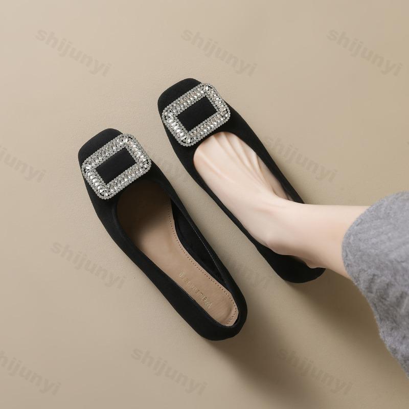 Women High Heels Elegant Diamond French Style Square Toe Comfort Soft Shallow Chunky Heel Shoes Classic Black Versatile Pumps