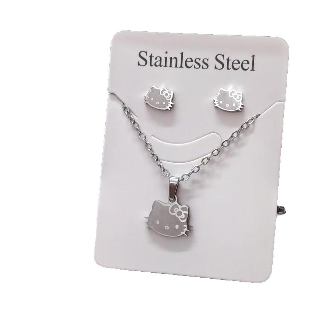 KT Cat Sweet Earrings & Necklace Set: Cute Cartoon Design for Girls