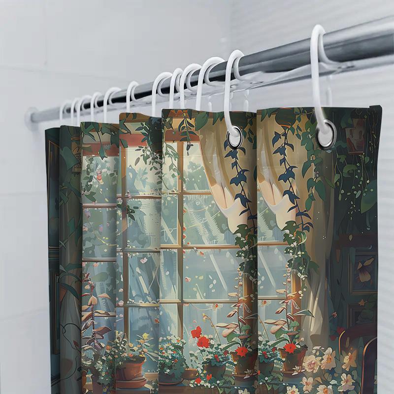Enchanting Window View Cat and Plants Shower Curtain - Artistic Illustration Home Decor Easy to Clean and Maintain  Easy-Clean