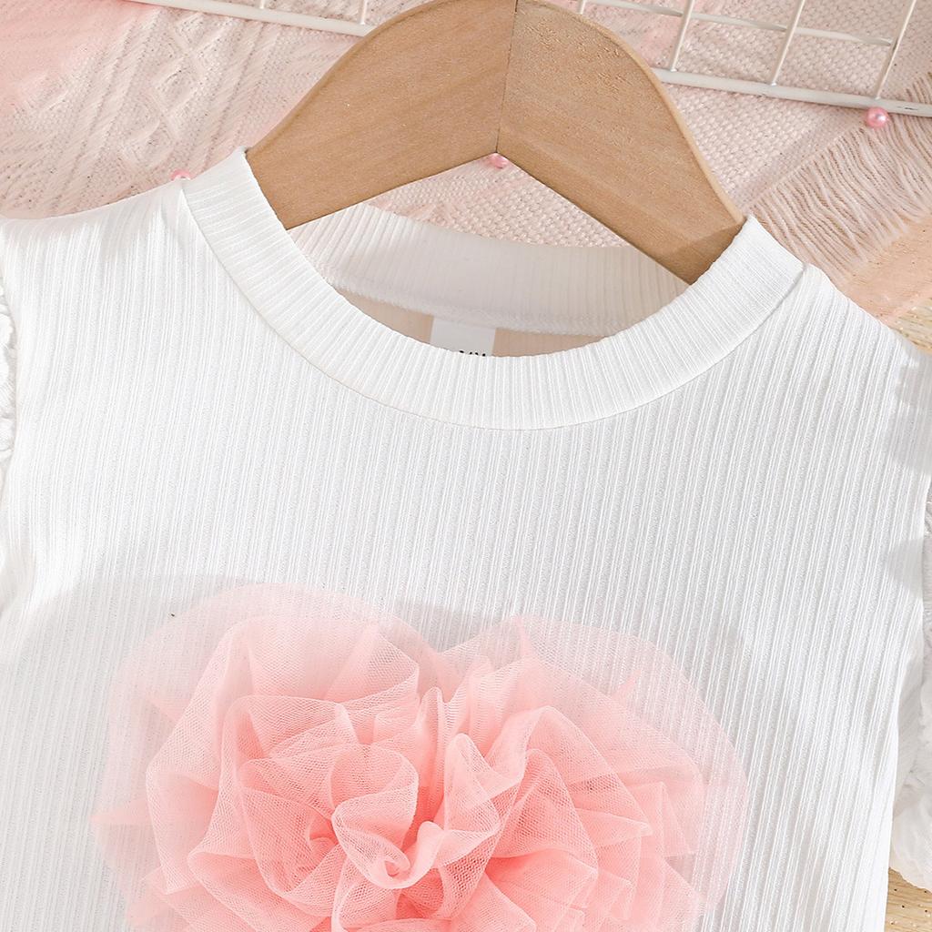 New Girls' Puff Short Sleeve Top with Heart Bow Short Skirt Set Fashion Set