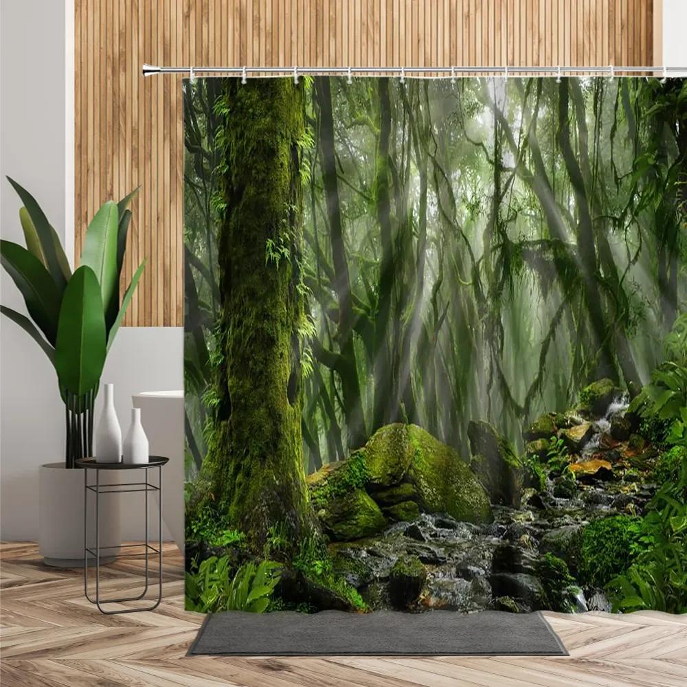 unframed Tropical Forest Shower Curtain, Nature Scenery Green Tundra Forest Waterfall River Animal Bridge, Bathroom Decorative