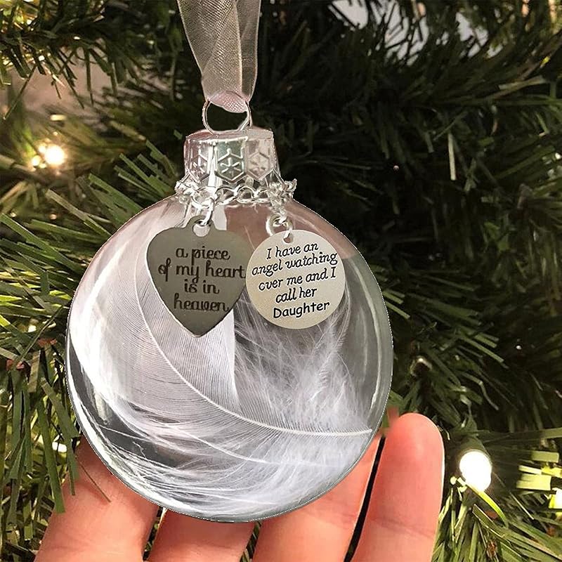 Clear Christmas Memorial Ornament Feather Ball, A Piece of My Heart is in Heaven, Christmas Tree Memorial Hanging Pendant Gift for Mom, Dad, Son,