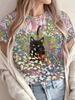 Women Round Neck T-Shirt, Hand-painted Floral Black Cat Forest Pastoral Casual Top