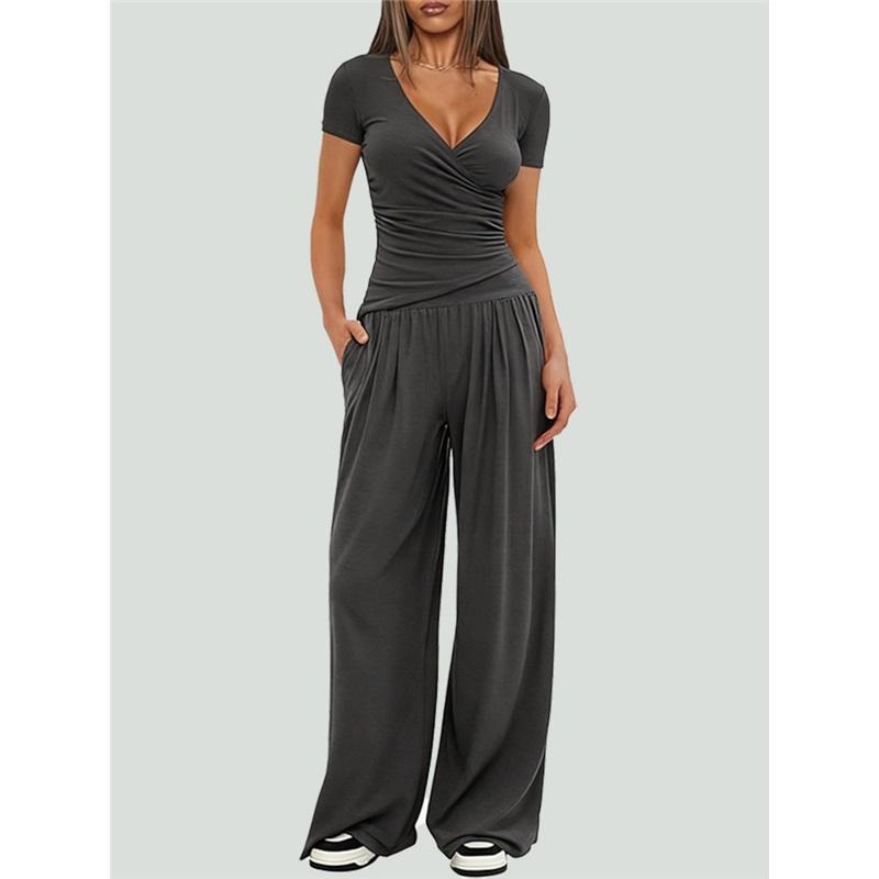 Women 2‑Piece Outfit V‑Neck Long Sleeve Ruched Top High Waist Wide Leg Pants Casual Loungewear Tracksuit Set