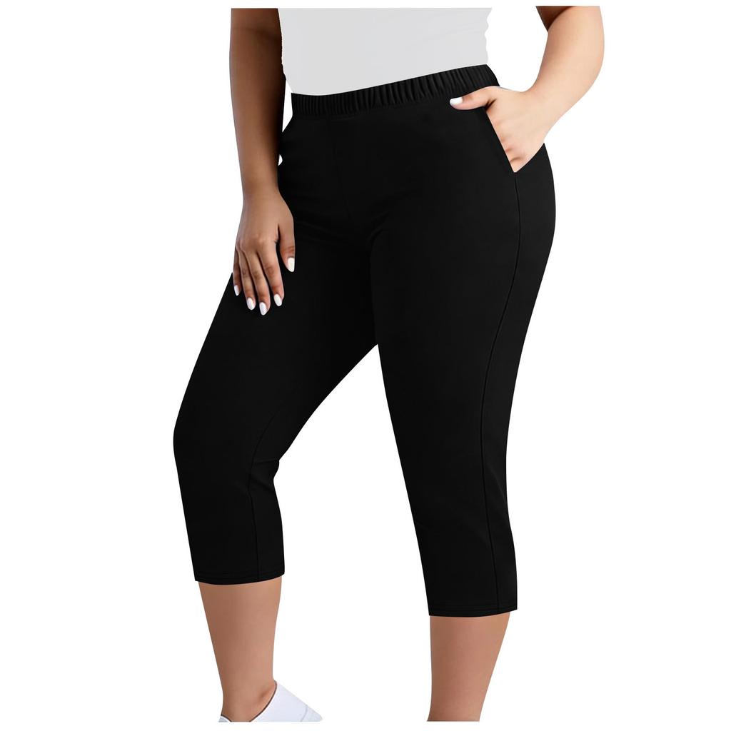 Pantaloni Capri elasticizzati taglie forti da donna con elastico in vita e tasche, pantaloni cropped comodi per l'uso quotidiano