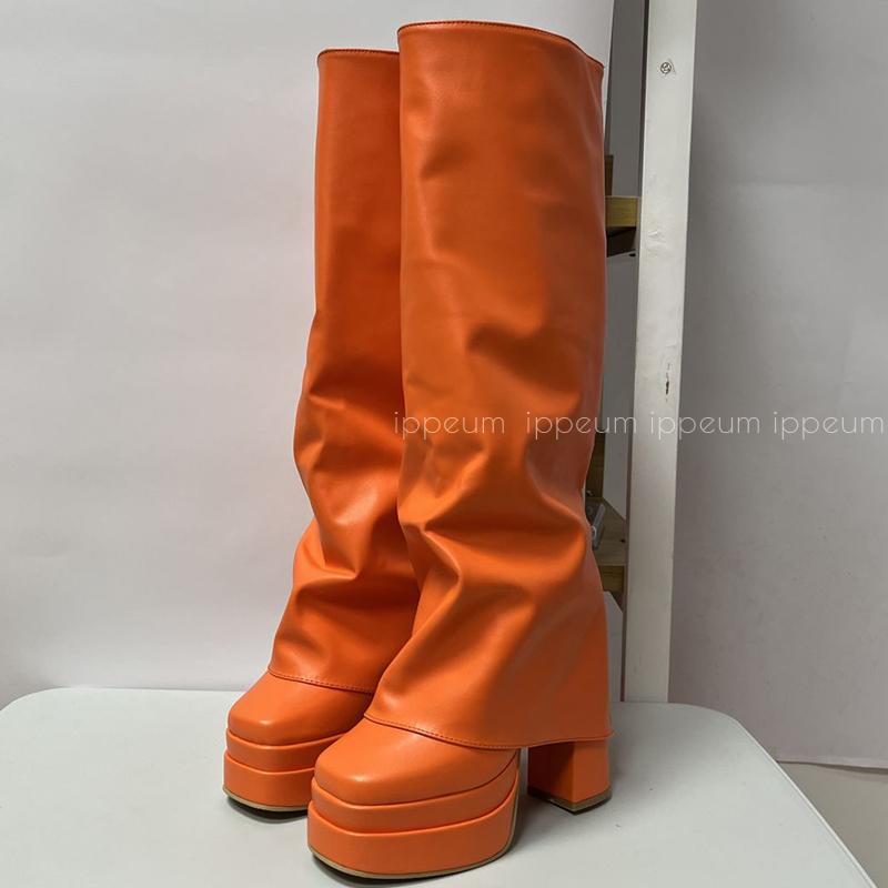 Fashion IPPEUM Orange Boots Platform Knee High Block Heel Shoes Y2k Plataforma Botas Bratz Mujer Hot Pink Fold Over Boots Women