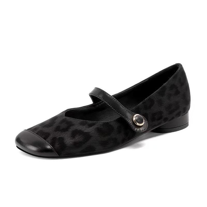 Inner Height Increase Spring and Summer Retro Suede Leopard Print Square Head Flat Sole Single Shoes Versatile Soft Sole Word with Mary Jane Shoes