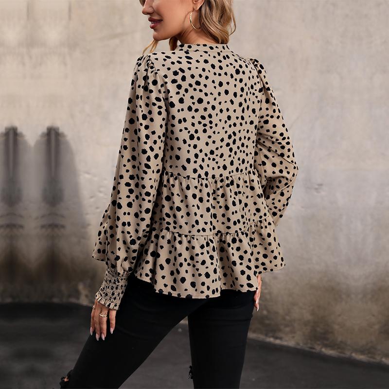 Women's Fashion Casual Leopard Print Long Sleeve V-Neck Blouses & Shirts