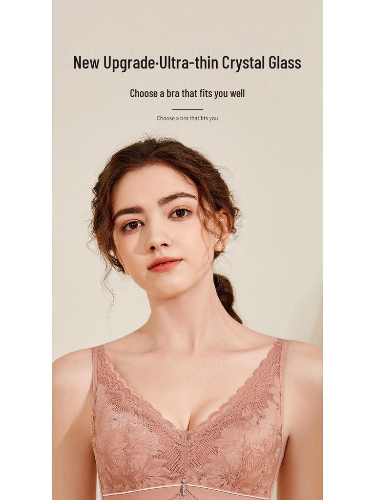 Crystal Lace Bunny Ears Wireless Bra - Breathable, Thin, Side Support for Smaller Looking Bust