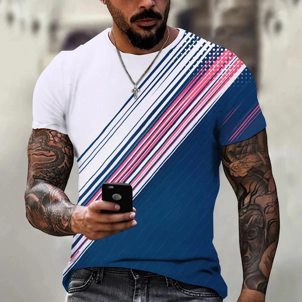 Summer Round Neck Abstract Brush Stroke 3D Print Top Fashionable Casual Short Sleeved Men's T-shirts