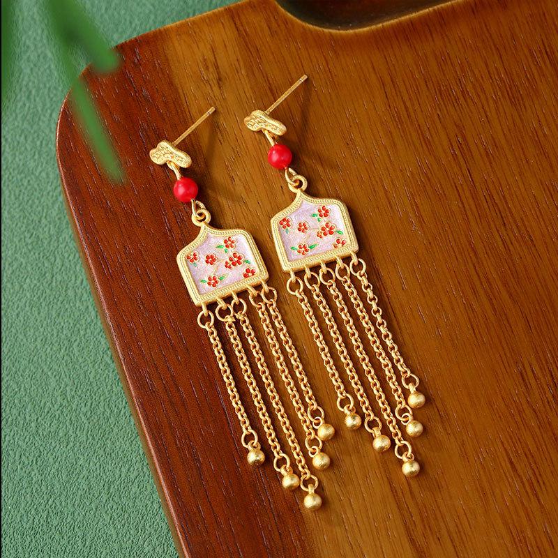 925 Sterling Silver Enamel Plum Blossom Tassel Earrings, Chinese Palace Style Earrings for Women Gold Plated