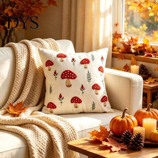 Soft Breathable Sofa Pillow Cover Autumn Embroidered Pillowcase, Mushroom Leaf Throw Cover, 18"x18" 20"x12" Square Bed Farmhouse for Bedroom