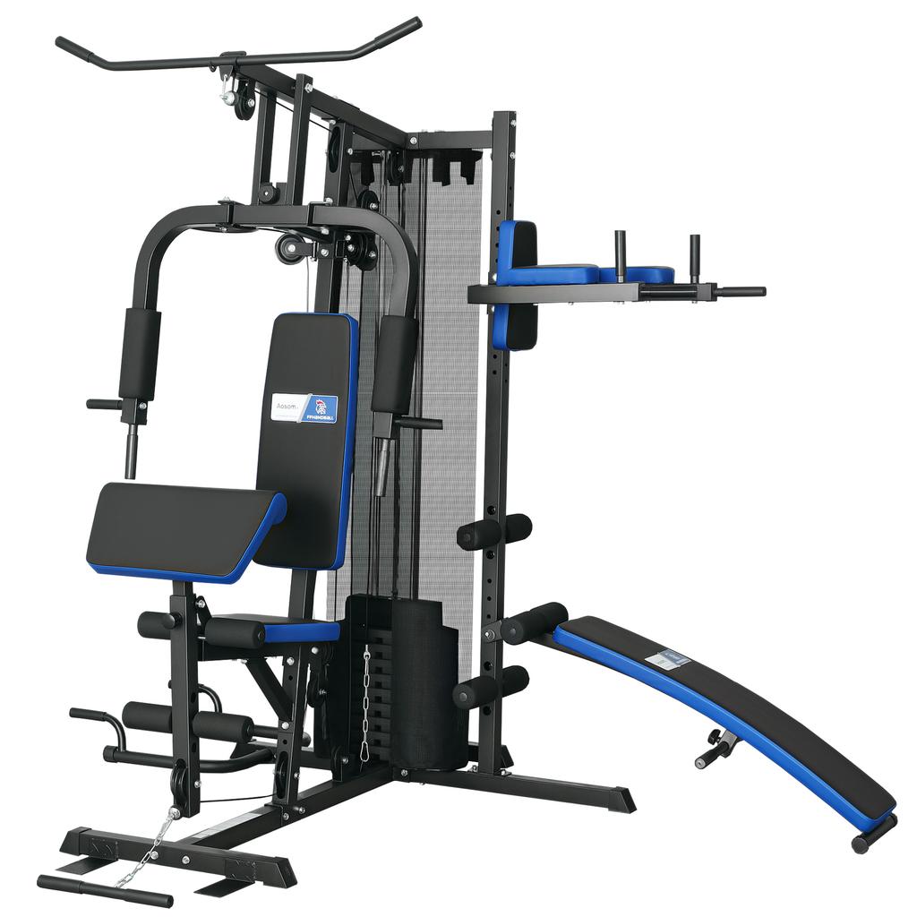 Strength Training Station with 65 kg Weight Stack, Home Gym Equipment with Bench for Abdominals, Black and Blue