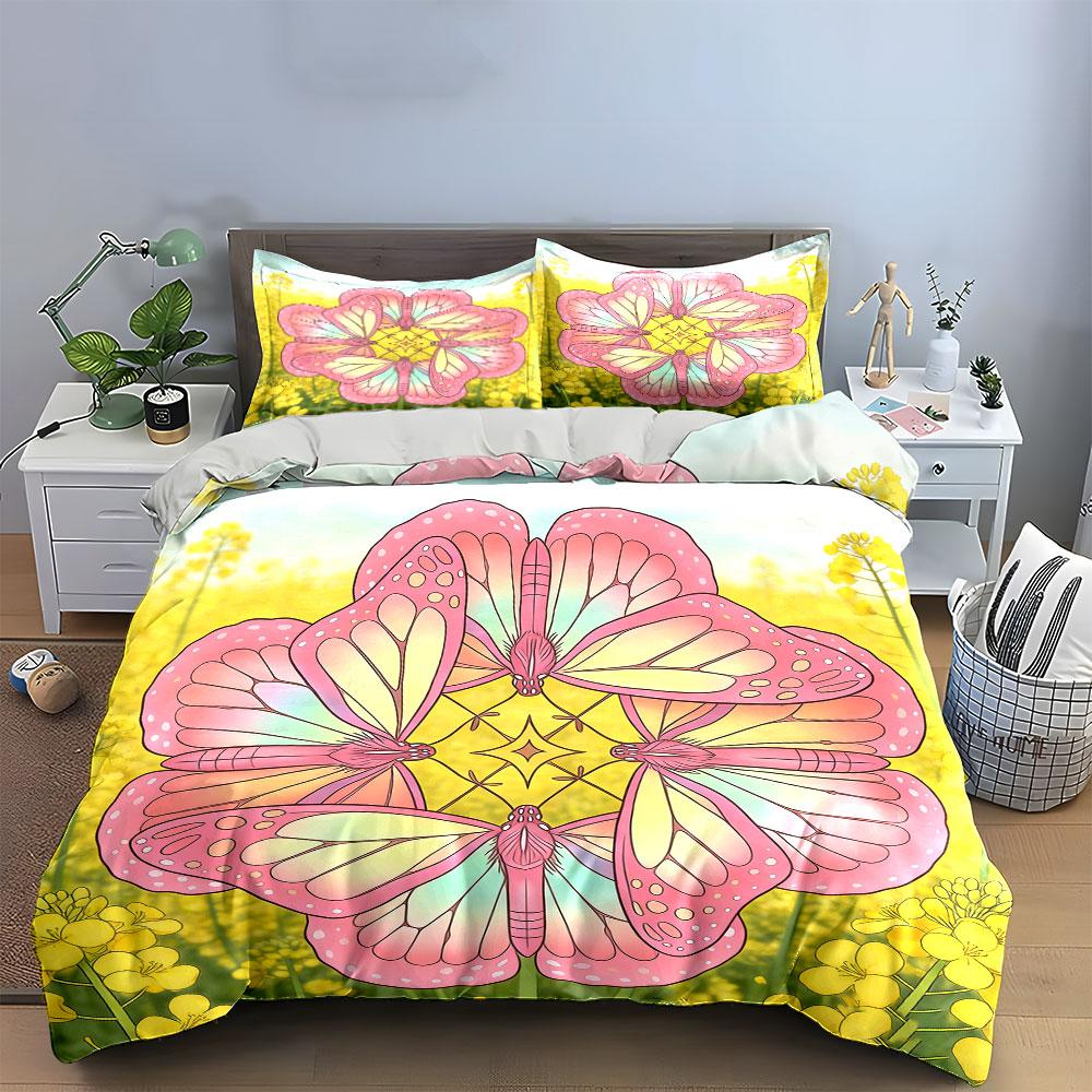 Butterfly Floral Art Set Decor Soft Comfortable Duvet Cover Bedding Set Included 1*Duvet Cover & 2*Pillowcases, Gift