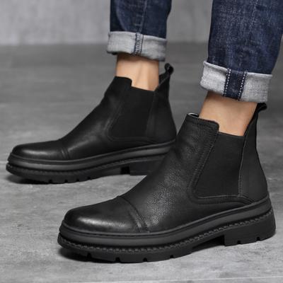Fashion Leather Boots Men Fur Winter Boots Men's Chelsea Boots Plus Velvet Motorcycle Leather Ankle Boots Men Shoes Outdoor Snow Boots