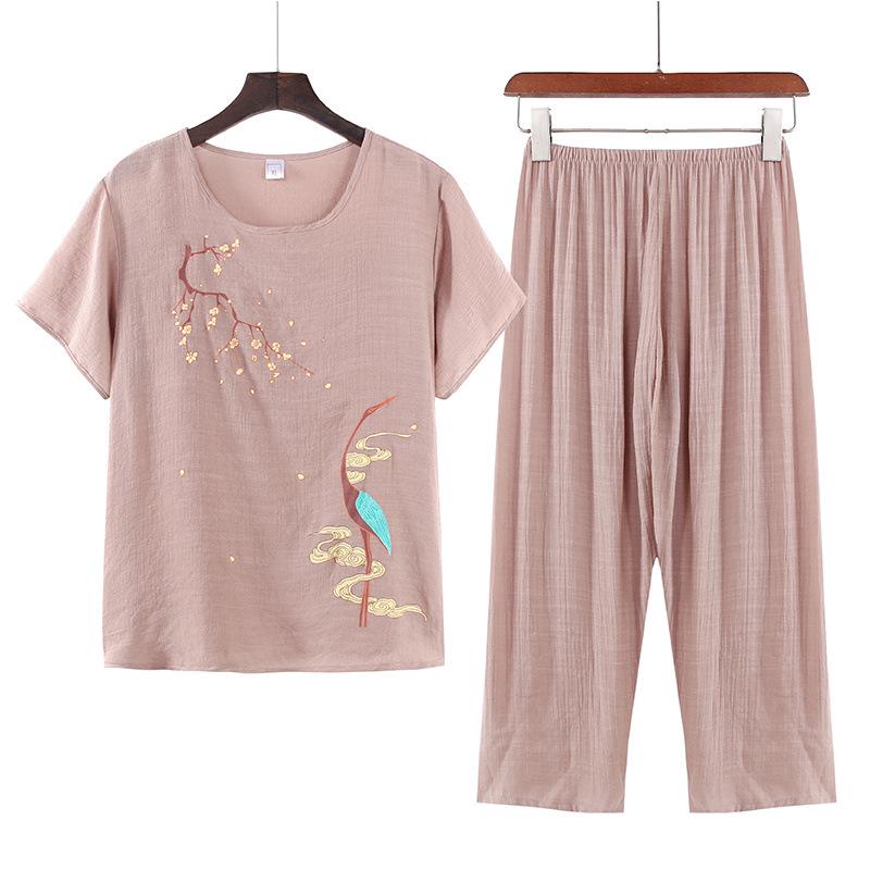 Women's Summer Cotton Linen Short-Sleeved Two-Piece Set: Grandma Mom Pajama Top and Pants.