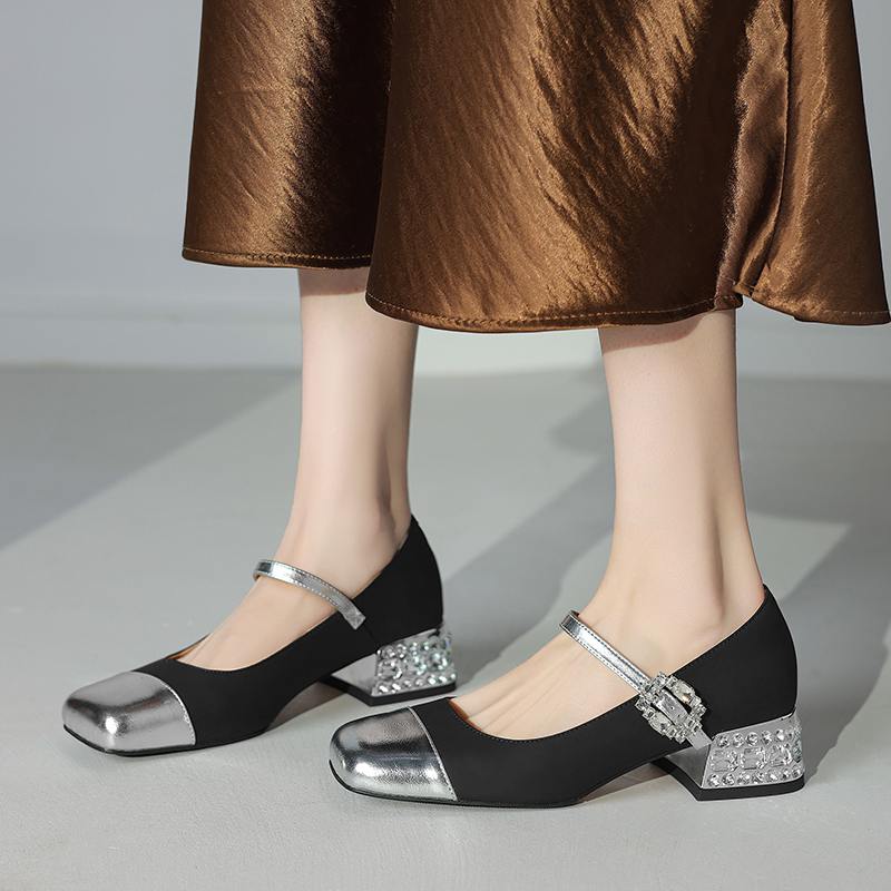 Krazing Pot Cow Skin Spring Summer Size 41 Thick Med Heels Women Square Toe Mixed Color Crystal Heels Pumps