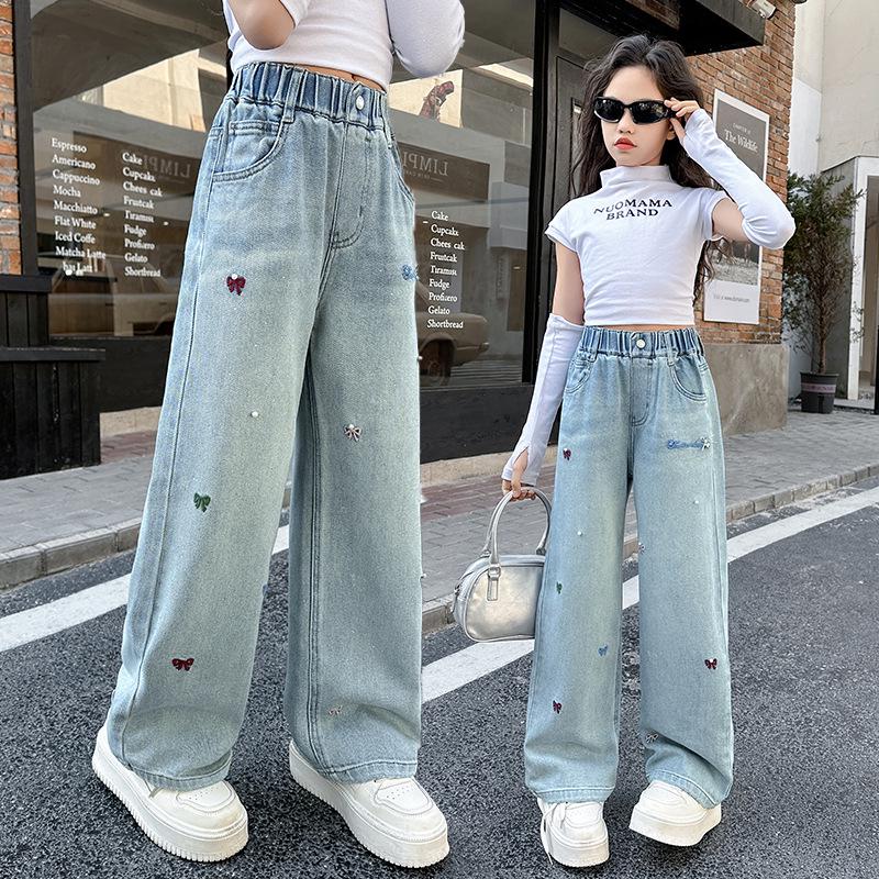 

2025 Girls Light Wide-Leg Embroidered Jeans - Spring/Autumn Korean Style 150 джинсовий синього кольору