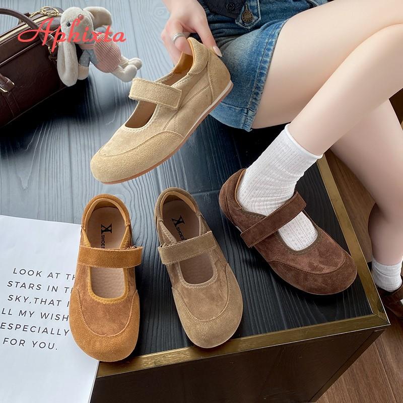 Fashion Aphixta New Flat with Mary Janes High Quality Cow Suede Flats Hook Loop Flat Shoes Women Shallow Concise Round Toe Ladies Shoes