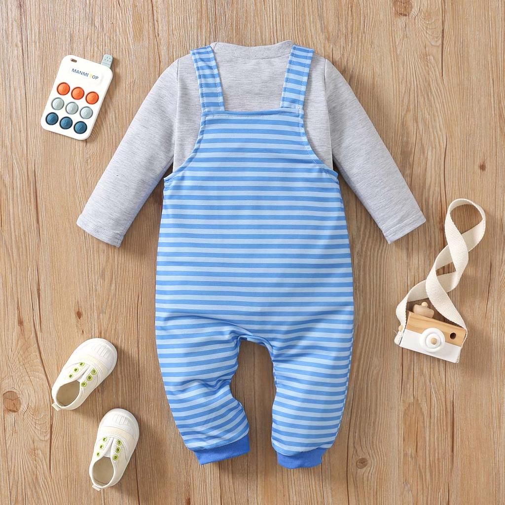 Spring Autumn Infant Boy Outfits Long Sleeve Striped T-shirt with Dinosaur Embroidery Bib Pants Two Piece Matching Clothing Set