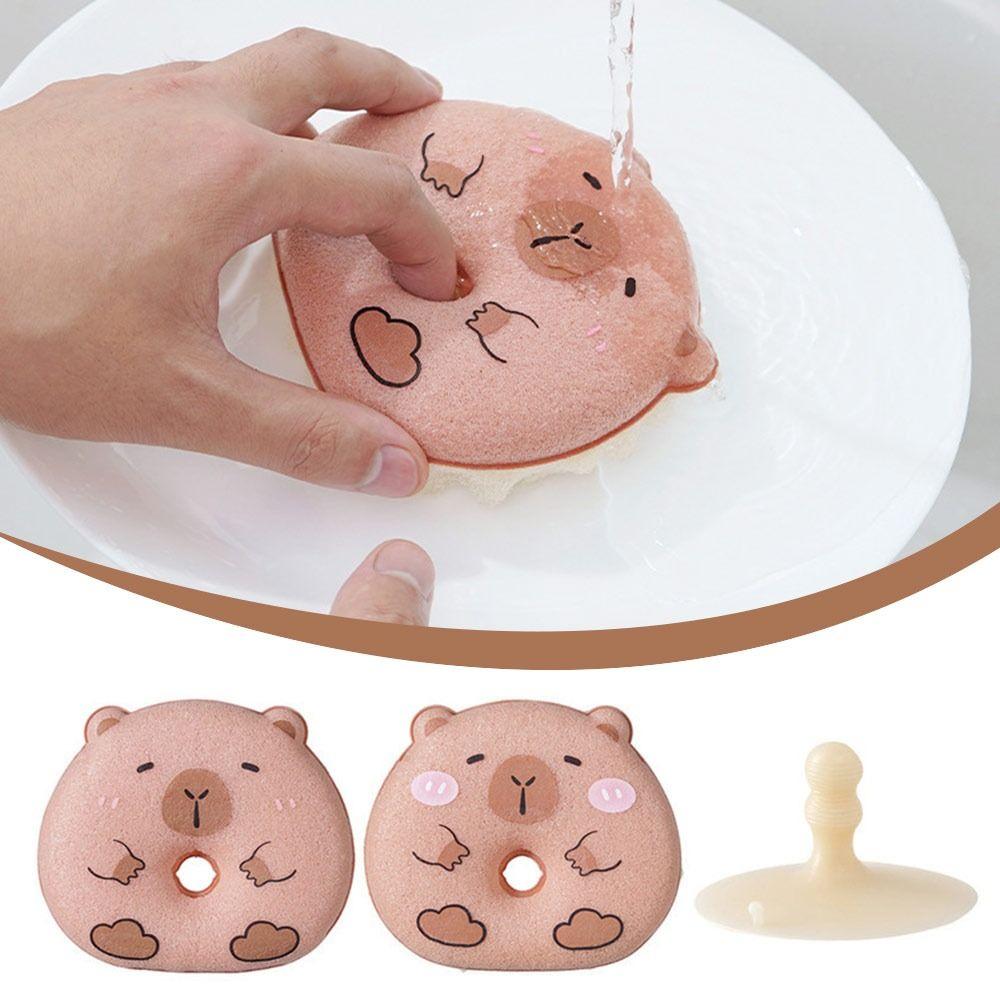 New Cartoon Capybara Cleaning Sponge Reusable with Suction Cup Rack Cleaning Brush Dishwashing Brush Clean Tool
