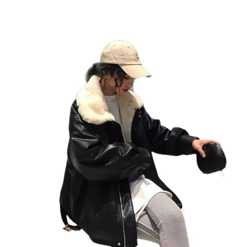 Leather Jacket Women's Fleece Thickened New Fur Integrated Retro Leather Jacket Loose Motorcycle Clothes