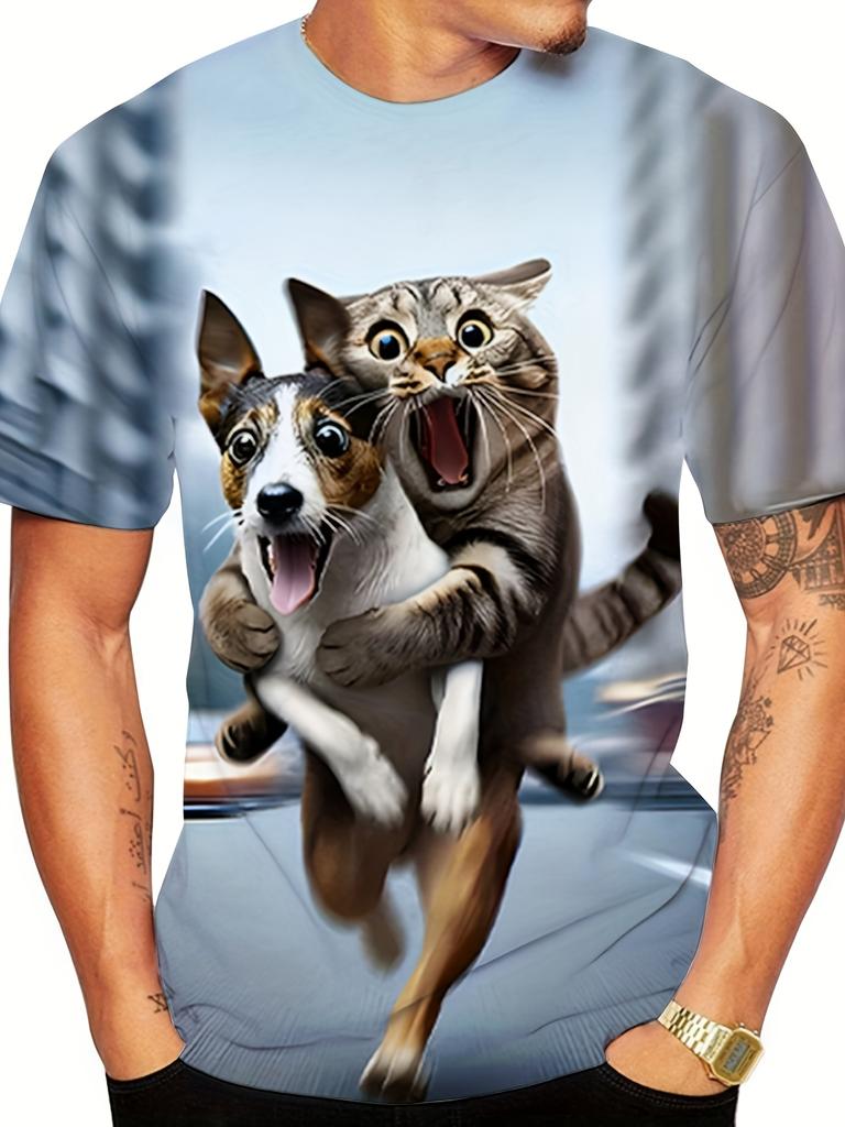 Fashionable and Fun Animal Cat Pattern Men's 3D Printed T-shirt with Oversized Short Sleeved Round Neck Casual Men's and Women's Clothing