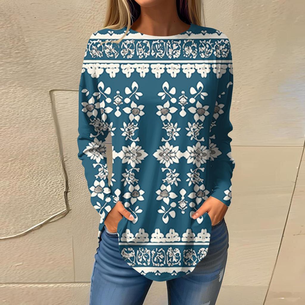 Women's  Loose Casual Flower Printed Round Neck Long Sleeved T Shirt Top Pullover Long Sleeved Sweatshirt