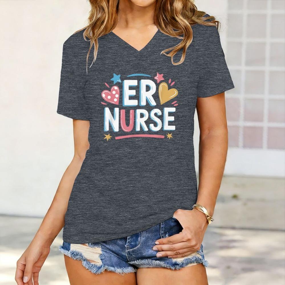 International Nurses' Day T-Shirts Rn Registered Nurse Print Graphic T Shirt Women Fashion Casual Short Sleeve V-neck Tee Shirt