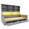 Wooden Sofa Bed 90/180 x 200 cm, Pull-Out Bed, LED Lighting, Youth Bed Frame With Sockets, Open Storage Compartments and Drawers, Grey