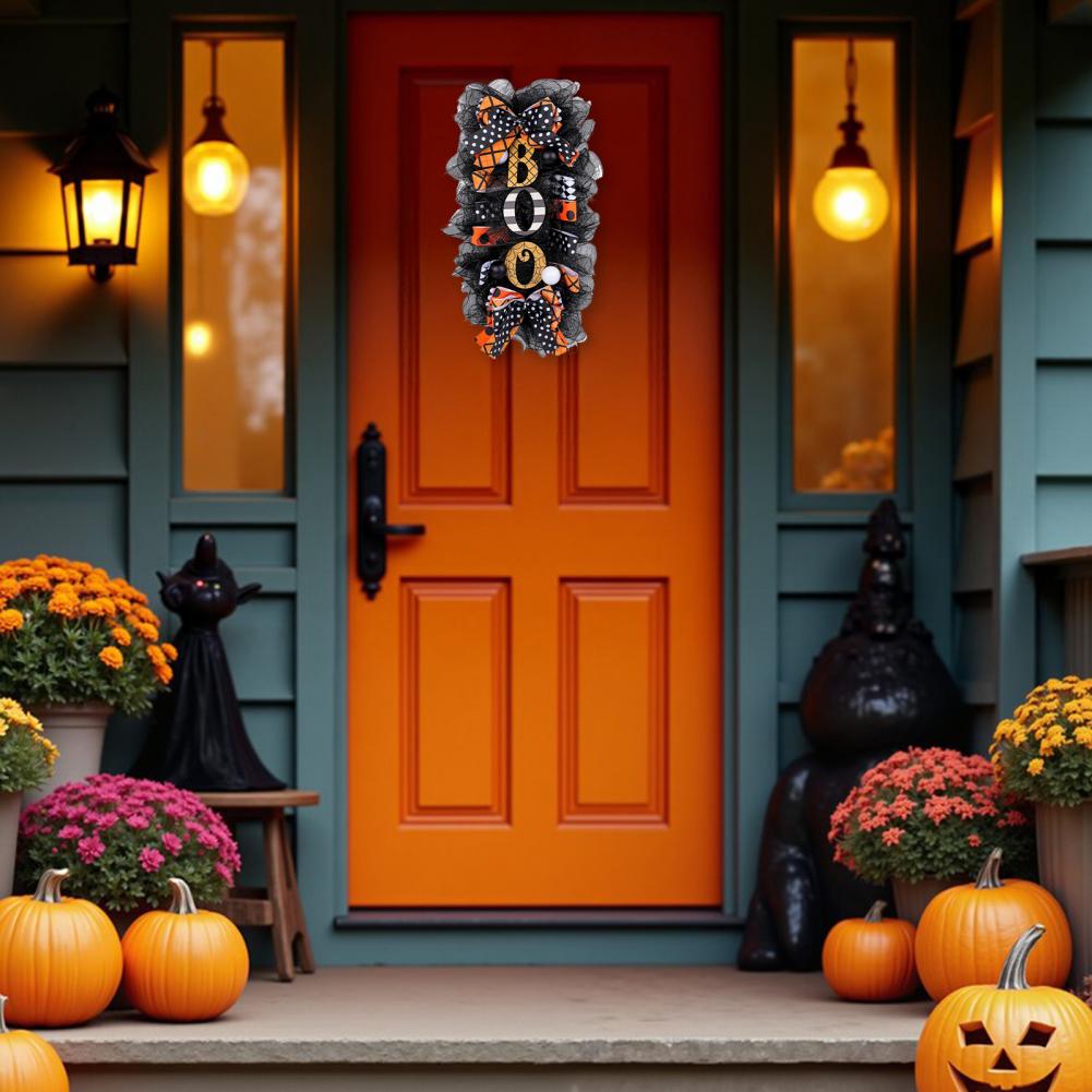 Halloween Swag Kranz für Haustür Gruseliges Mesh-Band Boo Swag Girlande mit Schleife für Party Wand Veranda Deko