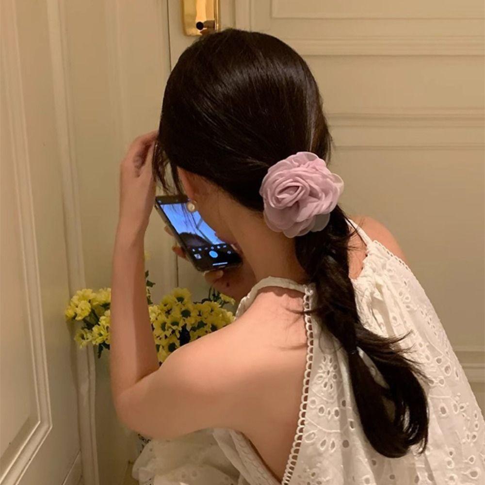 Ponytail Holder Rose Hair Rope Hair Tie Elastic Hair Band Cute Mesh Flower Hair Band Female