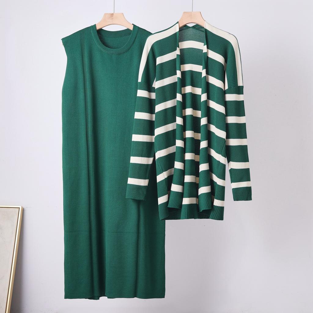 Casual dress set women's autumn loose medium and long striped sweater skirt knitted two-piece set