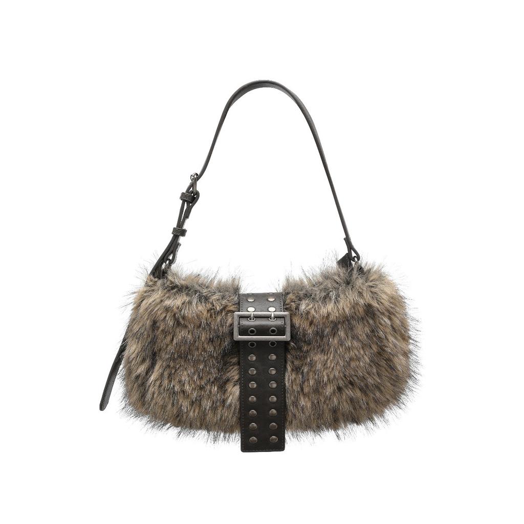 Winter Fluffy Plush Shoulder Bag Punk Studded Underarm Bags for Women Designer Handbags Rivet Faux Fur Bags  Women's Bag Chic