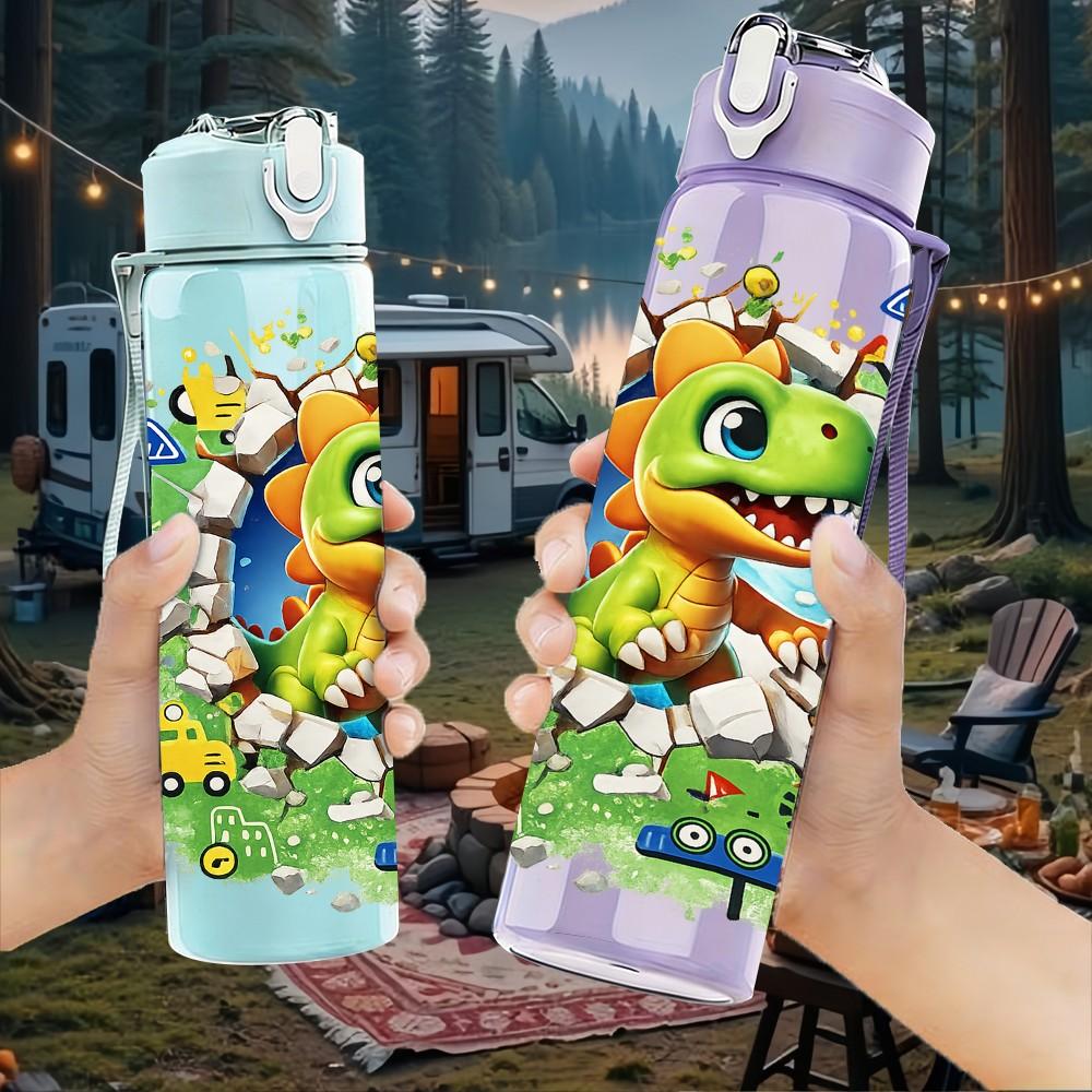 1PC Colorful Dinosaur Boy Cartoon Print 750ml Color Plastic Sports Water Bottle Leakproof Flip Straw Lid Suitable for Sports Office Home Use