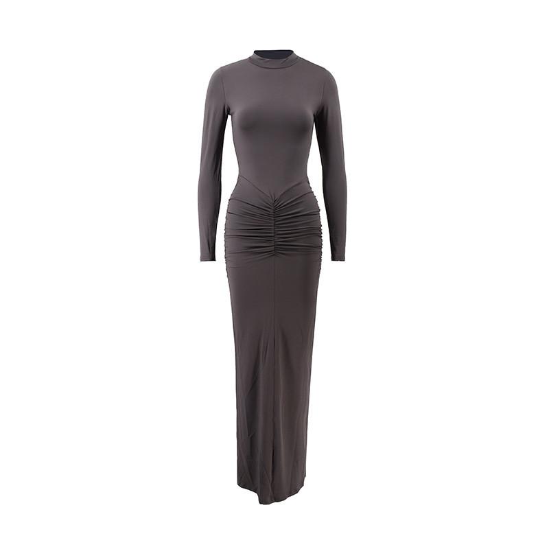 Elegant Long Sleeve Dress With High Waist And Pleated Details For Casual Wear