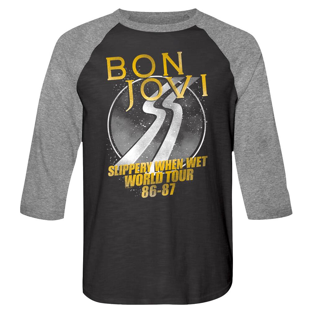 Bon Jovi Slippery When Wet World Tour 1986 Men Raglan Shirt Rock Concert Merch S