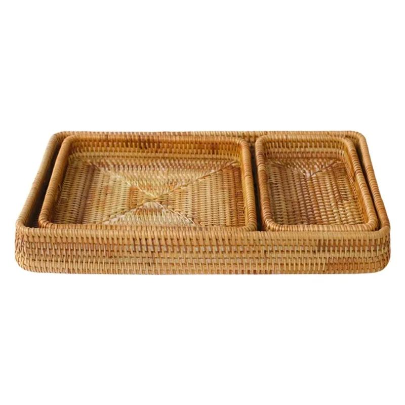 New Handwoven Rattan Storage Basket Square Wicker Tray Picnic Basket Bread Food Plate Fruit Cake Sundries Box Home Desk Decor