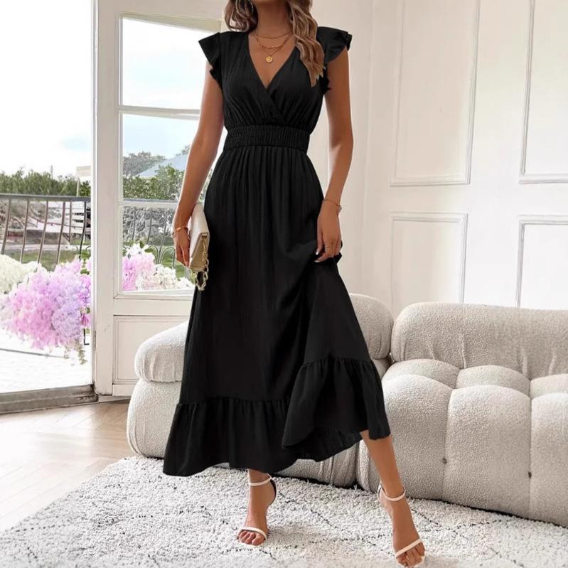 Women V Neck Sleeveless Ruffle Maxi Dress High Waist Solid Color Summer Beach Vacation Dress
