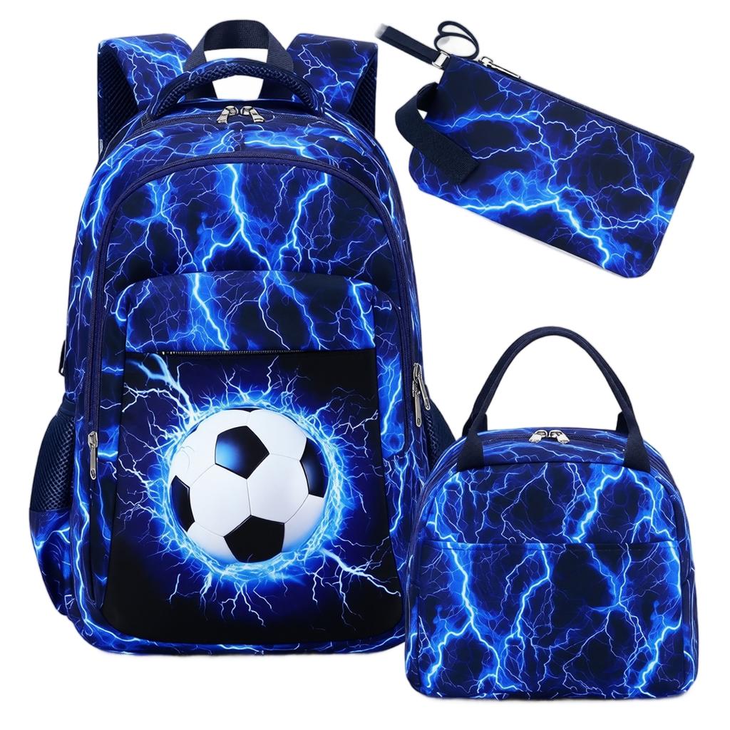 Jongens Voetbal Rugzak Set 3-Delig met Meerdere Vakken, Lunchtas en Etui
