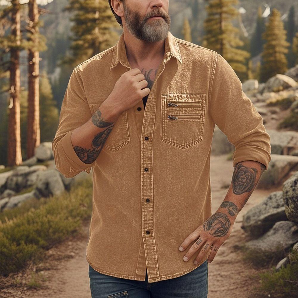 Men's Casual Workwear Denim Shirt Solid Color Washed Button Up Long Sleeve Shirt with Dual Chest Pockets