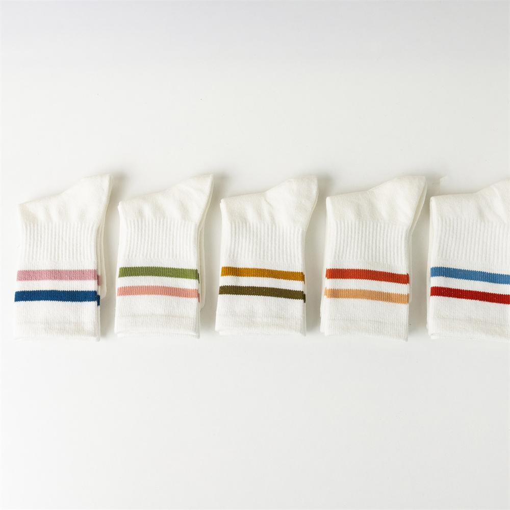 5 pairs of spring and summer pure white striped college style socks