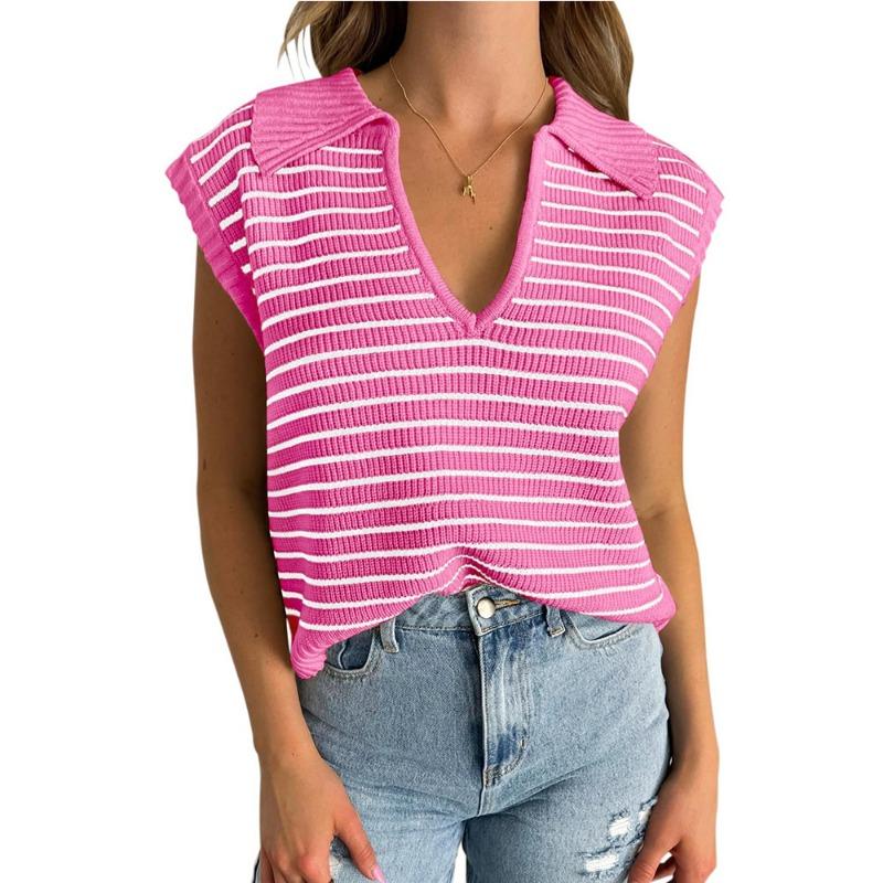 Women's Summer New V-neck Knit Casual Stripe Lapel Sweater Top