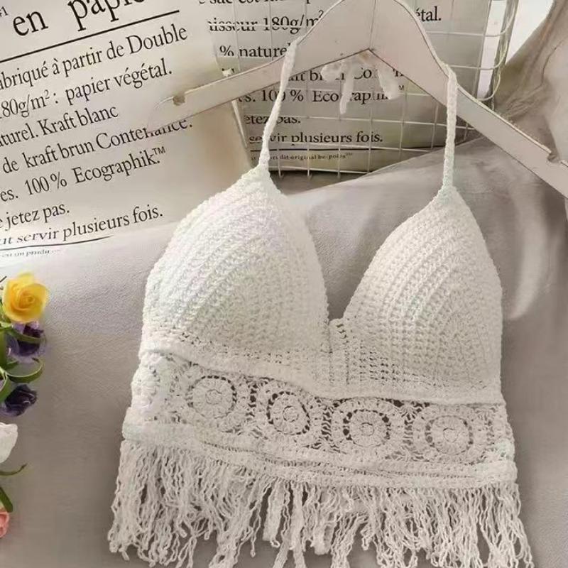 

Женское нижнее белье Boho с открытой спиной и бахромой, с завязками на шее, с вышивкой на шее, с кисточками, с подтяжками, короткий топ one size белый