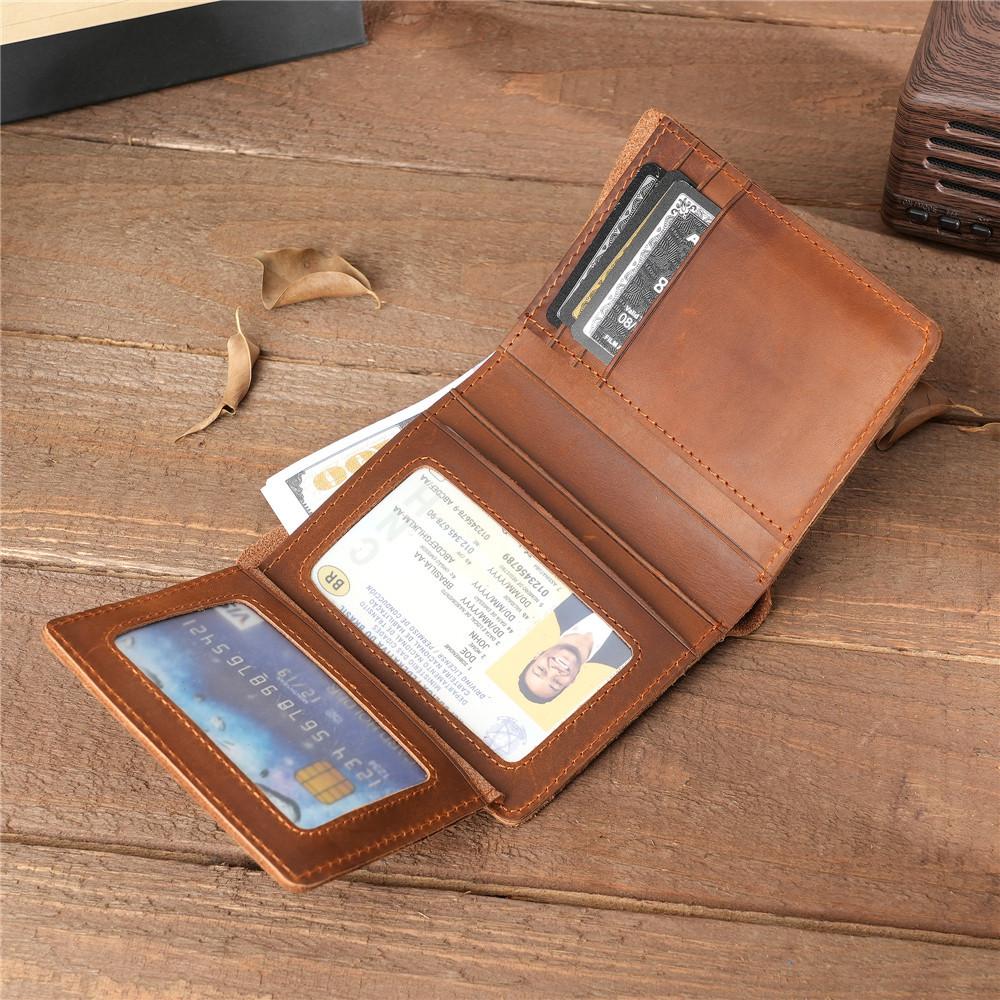 Men's Business Vertical Crazy Horse Leather Wallet, Genuine Leather Bifold Wallet with Multi-Card Slots & ID Window 100% Leather